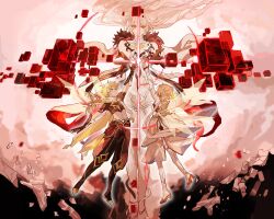  1boy 2girls aether_(genshin_impact) ahoge asmoday_(genshin_impact) bare_shoulders blonde_hair blurry blurry_background body_markings braid broken brother_and_sister brown_fur brown_pants celtic_knot chinese_commentary clouds cloudy_sky collarbone colored_skin commentary_request crop_top cube dress fairy_wings floating floating_hair fur_trim genshin_impact glint gloves glowing hair_between_eyes hair_floating_upwards highres liubeikucha long_braid long_hair looking_down looking_up lumine_(genshin_impact) multicolored_skin multiple_girls navel orange_eyes outdoors pants red_background scarf shade short_hair short_sleeves siblings single_braid sky sleeveless stomach twins two-tone_skin wavy_hair white_dress white_scarf wings 