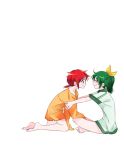  barefoot blush closed_eyes eyes_closed green_eyes green_hair hino_akane midorikawa_nao multiple_girls outstretched_arm outstretched_hand ponytail precure red_eyes red_hair redhead shirt_only short_hair sleeves_past_wrists smile smile_precure! squatting tima 