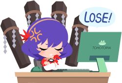  1girl anger_vein angry artist_request autumn_leaves closed_eyes computer_keyboard computer_mouse crossed_arms desk english_text facing_viewer game_cg hair_ornament layered_sleeves leaf leaf_hair_ornament long_sleeves maple_leaf mirror monitor mouth_hold non-web_source official_art onbashira purple_hair red_shirt rope self-datamine shirt short_over_long_sleeves short_sleeves solo tohotopia touhou transparent_background yasaka_kanako 