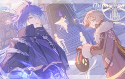  2boys absurdres ahoge antenna_hair black_coat black_gloves blue_eyes blue_fire blue_hair brown_coat coat commentary_request earrings eyes_visible_through_hair fire flins_(genshin_impact) fur-trimmed_coat fur_trim genshin_impact gloves gradient_hair grey_hair hair_between_eyes hair_over_one_eye highres holding holding_lantern illuga_(genshin_impact) jewelry lantern long_hair male_focus mixed-language_commentary mole mole_under_eye muimi575 multicolored_hair multiple_boys red_hair red_pupils russian_commentary russian_text short_hair silver_trim single_earring translation_request two-tone_hair yellow_eyes 