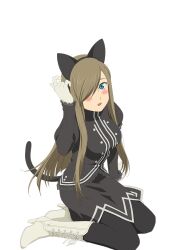  1girl adjusting_hair animal_ears artist_request black_dress black_pantyhose blue_eyes blush boots breasts brown_hair cat_ears dress fake_animal_ears fake_tail full_body game_cg gloves hair_over_one_eye hand_on_floor large_breasts long_hair looking_at_viewer official_alternate_costume official_art on_floor open_mouth pantyhose shy sitting solo tail tales_of_(series) tales_of_asteria tales_of_the_abyss tear_grants tear_grants_(monster_collector) third-party_source transparent_background white_boots white_gloves 