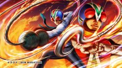  2boys antennae bodysuit brown_hair chain commentary_request cosplay eyes_visible_through_headwear gloves helmet hook kamen_rider kamen_rider_v3_(series) long_sleeves looking_at_viewer male_focus mask multiple_boys necktie official_art open_mouth pants red_eyes riderman riderman_(cosplay) scarf shimamura_mitsuba shirt short_hair toujima_tanzaburou_wa_kamen_rider_ni_naritai weapon 