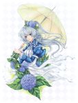  blue_eyes dress flower hayashinomura highres holding hydrangea long_hair original silver_hair solo umbrella 