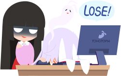  2girls animal_ears artist_request black_hair bow bowtie collared_shirt computer_keyboard computer_mouse crossed_arms desk english_text frilled_shirt_collar frills game_cg giving_up_the_ghost houraisan_kaguya long_sleeves monitor multiple_girls non-web_source official_art open_mouth pink_shirt purple_hair rabbit_ears rabbit_girl red_skirt reisen_udongein_inaba self-datamine shaded_face shirt skirt smile tohotopia touhou transparent_background white_bow white_bowtie wide_sleeves 