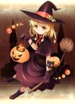  bad_id blonde_hair broom cat dress gloves hair_ribbon hat jack-o&#039;-lantern jack-o'-lantern mtyy orange_eyes original ribbon smile witch witch_hat 