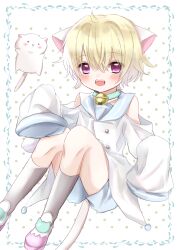  1boy absurdres ahoge aqua_choker bare_shoulders bell ben-day_dots black_socks blonde_hair blue_border blue_sailor_collar blue_shorts blush border buttons cat cat_symbol cat_tail child choker clothing_cutout coat commentary_request fangs flying_animal foot_out_of_frame hair_between_eyes hair_intakes highres inset_border invisible_floor kneehighs knees knees_up looking_at_viewer male_focus neck_bell open_mouth original outside_border oversized_clothes patterned_background personification pink_shoes sailor_collar satuki_211 screentones shoes short_hair short_shorts shorts shoulder_cutout sidelocks sitting sleeves_past_fingers sleeves_past_wrists socks solo tail teeth upper_teeth_only violet_eyes white_background white_cat white_coat white_tail 
