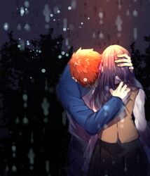  1boy 1girl black_skirt blue_shirt brown_vest commentary_request creat_(kuribeni) dark_background emiya_shirou fate/stay_night fate_(series) hair_ribbon hand_on_another's_head heaven's_feel highres homurabara_academy_school_uniform hug light_particles long_hair long_sleeves looking_down matou_sakura purple_hair red_hair red_ribbon ribbon school_uniform shirt short_hair skirt vest white_shirt 