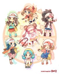  aqua_eyes aqua_hair blue_(pokemon) blue_eyes blue_hair brown_eyes brown_hair chibi crystal_(pokemon) engrish female_protagonist_(pokemon_bw2) green_eyes haruka_(pokemon) hat highres hikari_(pokemon) kotone_(pokemon) long_hair mei_(pokemon) multiple_girls pantyhose poke_ball pokemon pokemon_(game) pokemon_bw pokemon_bw2 pokemon_dppt pokemon_frlg pokemon_gsc pokemon_hgss pokemon_rgby pokemon_rse ranguage shorts skirt sunflower-m title_drop touko_(pokemon) 