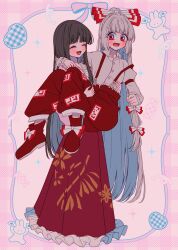  2girls absurdres blue_hair blush boots bow bowtie brown_hair carrying carrying_person closed_eyes collared_shirt colored_inner_hair commentary footwear_bow frilled_skirt frills fujiwara_no_mokou full_body grey_shirt hair_bow hand_fan heart highres holding holding_fan houraisan_kaguya long_hair long_sleeves multicolored_hair multiple_girls multiple_hair_bows ofuda ofuda_on_clothes open_mouth pants pink_shirt princess_carry rabbit red_boots red_eyes red_pants red_skirt shirt skirt smile suspenders tamiko_(tamik0224) touhou very_long_hair white_bow white_bowtie wide_sleeves yuri 