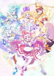  2boys 4girls adapted_costume animal_ears aqua_bow aqua_hair aqua_hat blonde_hair blue_eyes blue_hat blue_shoes boots bow bow_legwear braid bright_pupils brown_hair circle_skirt closed_mouth coat colored_tips colorful_background commentary crown_earrings crown_print cure_friendy cure_lillian cure_nyammy cure_wonderful dress dress_bow drum drumsticks earrings epaulettes eyelashes floating_hair floral_background flute footwear_bow frilled_dress frilled_thigh_strap frilled_thighhighs frills full_body gloves grey_boots hat hat_ornament hat_print heart heart_hat_ornament high_heels high_side_ponytail highres holding holding_drumsticks holding_wand instrument inukai_iroha inukai_komugi jewelry knee_boots leg_up long_hair looking_at_viewer lop_rabbit_ears low_twin_braids magical_boy magical_girl multicolored_hair multiple_boys multiple_girls music nekoyashiki_mayu nekoyashiki_yuki nico-sama one_eye_closed open_mouth orange_hat outline pantyhose pink_bow pink_dress pink_eyes pink_hair pink_hat pink_sash pink_shoes playing_instrument precure puffy_short_sleeves puffy_sleeves pumps purple_bow purple_dress purple_hat purple_pantyhose purple_sash rabbit_ears sash serizawa_serizane shako_cap shoes short_dress short_hair short_sleeves shorts single_stripe sleeve_bow smile streaked_hair striped_clothes striped_pantyhose striped_sash swept_bangs tareme thigh-highs thigh_strap toyama_daifuku toyama_daifuku_(magical_boy) toyama_satoru toyama_satoru_(magical_boy) twin_braids twitter_username two-tone_bow two-tone_hair two-tone_pantyhose two_side_up unicorn very_long_hair violet_eyes wand watermark wavy_hair white_bow white_coat white_dress white_gloves white_hair white_outline white_pupils white_shorts white_sleeves white_thighhighs wing_hat_ornament wonderful_precure! yellow_pantyhose 