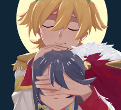  2girls absurdres backlighting badge black_background blonde_hair chinese_commentary circle closed_eyes closed_mouth commentary_request covering_another's_eyes daiba_nana epaulettes facing_viewer flipped_bangs front-to-back fur-trimmed_jacket fur_trim green_ribbon grey_hair hair_between_eyes hair_ribbon hand_on_another's_head hands_up highres hoshimi_junna jacket jacket_on_shoulders long_sleeves multiple_girls parted_lips red_jacket ribbon shoujo_kageki_revue_starlight sidelocks smile star_(symbol) straight-on takano_daidokoro two-tone_background two_side_up white_jacket yellow_background 