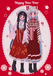  2girls alternate_costume animal_print bamboo_print black_boots black_hair blue_hair blush boots bow bowtie brown_hakama brown_kimono colored_inner_hair commentary_request frilled_hairband frilled_hakama frilled_sleeves frills fujiwara_no_mokou grey_hair hair_bow hairband hakama hakama_skirt happy_new_year highres holding_hands houraisan_kaguya japanese_clothes kimono lace-up_boots long_hair long_sleeves multicolored_hair multiple_girls new_year open_mouth pink_hairband pink_kimono print_hakama print_kimono rabbit_print red_bow red_bowtie red_eyes red_hakama skirt smile tamiko_(tamik0224) touhou very_long_hair white_bow white_bowtie wide_sleeves 