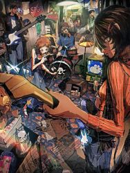 3boys 3girls black_hair blonde_hair blue_pants blue_shirt brown_hair cameo camera charm_(object) crt dark-skinned_female dark-skinned_male dark_skin denim doraemon doraemon_(character) drum drum_set drumsticks earphones electric_guitar face_piercing guitar headphones headphones_around_neck highres holding holding_camera holding_drumsticks holding_microphone indoors instrument jeans jojidoboro keyboard_(instrument) lip_piercing lip_ring microphone miffy miffy_(character) multiple_boys multiple_girls music one_eye_closed original pants piercing playing_guitar playing_instrument poster_(object) radio recording_studio red_sweater ribbed_sweater road_sign scarf sheet_music shirt sideways_glance sign sparkle stop_sign sweater window