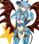  animal_ears blue_hair earrings extra_ears gloves haik highres horns jewelry long_hair low_wings navel navel_cutout red_eyes shinrabanshou solo star wings yoru_maou_belpheria 