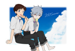  11kkr 2019 2boys arm_support barefoot belt black_pants blue_sky brown_belt clouds collared_shirt commentary_request feet_out_of_frame food holding holding_food holding_ice_cream ice_cream ikari_shinji invisible_chair male_focus multiple_boys nagisa_kaworu neon_genesis_evangelion pants pants_rolled_up school_uniform shirt shirt_tucked_in sitting sky summer tokyo-3_middle_school_uniform undershirt white_shirt 