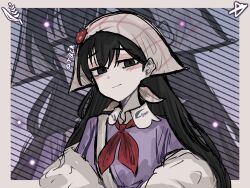  1girl absurdres arms_at_sides bag black_eyes black_hair blush border breasts brown_border chinese_commentary closed_mouth collared_shirt colored_inner_hair commentary_request diagonal-striped_background double-parted_bangs empty_eyes hair_behind_ear hair_between_eyes half-closed_eyes headscarf highres jacket jacket_partially_removed jitome light_particles long_hair long_sleeves mari_(birthday)_(omori) mari_(faraway)_(omori) mari_(omori) multicolored_hair neckerchief official_alternate_costume omori open_clothes open_jacket outside_border pale_skin puffy_long_sleeves puffy_sleeves purple_background purple_shirt red_neckerchief shirt shoulder_bag simple_background small_breasts smile solo straight_hair strawberry_hat_ornament striped_background upper_body very_long_hair white_bag white_headscarf white_jacket yudishiming zoom_layer 