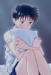  1boy averting_eyes black_hair blue_shorts blush brown_eyes commentary_request hugging_object ikari_shinji knees_up male_focus nagisa_kaworu neon_genesis_evangelion pillow pillow_hug rosa_tsubomi short_hair shorts sitting solo tank_top white_tank_top 