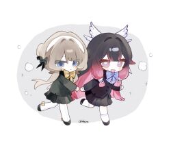  2girls :< alternate_costume black_collar black_hair black_jacket black_sleeves blazer blue_eyes blush bow bowtie brown_hair chibi chibi_only closed_mouth collar columbina_(genshin_impact) feiye_(feiye_fp) frown genshin_impact hair_bow hair_bun hair_ornament hairband hashtag-only_commentary head_wings highres holding_hands jacket kneehighs lapels long_hair long_sidelocks long_sleeves looking_at_viewer multicolored_hair multiple_girls multiple_wings open_mouth pantyhose pleated_skirt purple_hair purple_streaks sandrone_(genshin_impact) school_uniform short_hair short_hair_with_long_locks sidelocks simple_background skirt smile socks streaked_hair triangle_mouth twitter_username two-tone_hair unusually_open_eyes very_long_hair violet_eyes white_background white_hairband white_wings wing_hair_ornament wings 