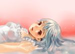  breasts brown_eyes dress long_hair lying open_mouth original silver_hair solo sweetwitch white_dress 