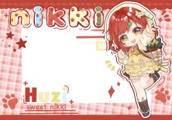  1girl ankle_socks ascot basket black_boots black_socks bloomers boots border bow brooch chibi chicken_print copyright_name country_lolita dress dress_bow floral_print flower flower_brooch flower_tattoo frilled_boots frilled_dress frilled_sleeves frills hair_flower hair_ornament hairclip happy headscarf heart highres infinity_nikki jewelry junimo leg_tattoo leg_up letterboxed lolita_fashion long_sleeves medium_hair nikki_(series) orange_ascot orange_flower outline outside_border pawpads pinafore_dress plaid_background print_ascot print_dress print_headwear puffy_long_sleeves puffy_sleeves red_background red_border red_hair red_ribbon ribbon ribbon-trimmed_bloomers ribbon_legwear ribbon_trim shenmiguaijiaotu shirt short_dress sleeveless sleeveless_dress socks solo star_(symbol) stardew_valley stardew_valley_encounter_(infinity_nikki) stuffed_chicken tattoo white_bloomers white_bow white_flower white_outline white_shirt yellow_dress yellow_headscarf 