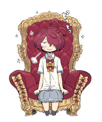  1girl ahoge black_socks blush bow bowtie chair commentary_request cushion grey_skirt hair_ornament holding_cushion komari_chika looking_at_viewer make_heroine_ga_oo_sugiru! nichioku one_eye_covered orange_bow orange_bowtie pleated_skirt red_bow red_bowtie red_hair school_uniform shirt sitting skirt smile socks solo sparkle summer_uniform sweat tsuwabuki_high_school_uniform white_background white_shirt yellow_eyes 