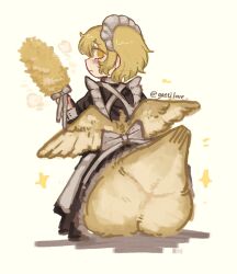  1boy alternate_costume apron baby_animal bird blonde_hair chick commentary_request duster feathered_wings from_behind gatti_love highres holding holding_duster limbus_company looking_at_viewer maid maid_apron maid_headdress project_moon short_hair simple_background sinclair_(project_moon) solo white_background wings yellow_eyes 