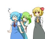  arms_behind_back blonde_hair blue_hair blush bow cirno closed_eyes daiyousei green_eyes green_hair hair_bow hair_ribbon hairdressing hihachi multiple_girls musical_note necktie ribbon rumia side_ponytail simple_background size_difference smile touhou white_background youkai 