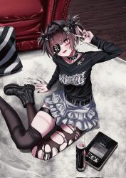 black_boots blush book boots cafeholicer collar couch drink eyepatch frilled_skirt frills hair_ribbon highres leggings long_sleeves looking_at_viewer orange_eyes pillow ribbon rug sitting skirt smile spiked_collar spikes torn_clothes torn_leggings 