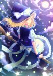  blonde_hair braid broom brown_eyes cloud clouds dress frills full_moon hair_ribbon hat hibaarborvitae kirisame_marisa moon mouth_hold night ribbon sitting sky solo star star_(sky) starry_sky touhou witch witch_hat 