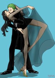  1boy 1girl black_dress black_hair black_pants blue_background chikichiki_(robitema) commentary_request dancing dress full_body green_hair high_heels kiss long_hair nico_robin one_piece pants roronoa_zoro scar scar_across_eye scar_on_face see-through_clothes see-through_sleeves shadow short_hair simple_background 