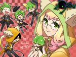  1girl :&gt; animal_ears arin66 blazblue blonde_hair cat_ears cat_tail checkered checkered_background chibi closed_eyes eyes_closed formal glasses green_eyes green_hair hat hazama hood kazuma_kuvaru kemonomimi_mode multiple_persona pants red_background short_hair smile suit tail trinity_glassfield yellow_eyes yuuki_terumi 