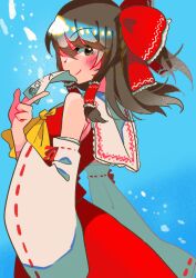  1girl absurdres ascot between_fingers blue_background blush booonyanyanya bow brown_eyes brown_hair closed_mouth commentary detached_sleeves frilled_bow frilled_hair_tubes frills hair_bow hair_tubes hakurei_reimu highres holding holding_ofuda long_hair looking_at_viewer ofuda ofuda_between_fingers red_bow red_skirt ribbon-trimmed_sleeves ribbon_trim skirt skirt_set smile solo touhou yellow_ascot 