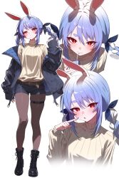  1girl absurdres alternate_costume animal_ear_fluff animal_ears belt black_boots black_jacket black_shorts blue_hair blue_nails blue_ribbon blush boots braid casual closed_mouth drink_carton drinking_straw drinking_straw_in_mouth expressionless extra_ears full_body hair_ribbon hand_up highres himura_soichiro holding holding_juice_box hololive jacket jacket_partially_removed juice_box lace-up_boots long_hair long_sleeves looking_at_viewer multicolored_hair multiple_views nail_polish off_shoulder open_clothes open_jacket pantyhose rabbit-shaped_pupils rabbit_ears rabbit_girl red_eyes ribbed_sweater ribbon short_eyebrows short_shorts shorts simple_background skindentation standing sweater symbol-shaped_pupils thick_eyebrows thigh_belt thigh_strap turtleneck turtleneck_sweater twin_braids two-sided_fabric two-sided_jacket two-tone_hair usada_pekora virtual_youtuber white_background white_hair yellow_sweater 