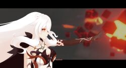  1girl absurdres alternate_costume alternate_universe arm_markings arm_up artist_name asmoday_(genshin_impact) black_fur blurry blurry_background closed_mouth colored_skin cube depth_of_field explosion expressionless floating from_side fur_trim genshin_impact glowing grey_background hair_between_eyes hair_flowing_over highres jewelry multicolored_skin necklace orange_eyes outdoors sayosasha scene_reference shade side_ahoge smoke solo star-shaped_pupils star_(symbol) suit symbol-shaped_pupils two-tone_skin upper_body wavy_hair white_hair 