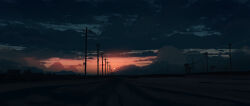  absurdres blue_sky clouds cloudy_sky commentary dark dark_cloud english_commentary gracile gradient_sky highres horizon no_humans orange_sky original outdoors power_lines scenery sky sun sunset utility_pole 