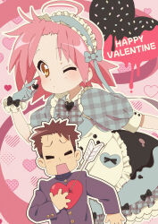  1boy 1girl absurdres ahoge apron aqua_dress arrow_through_heart black_bow blush bow brown_hair buttons closed_eyes dress frilled_dress frills gakuran gingham_bow gold_buttons happy_valentine heart heart_background highres kogami_akira lucky_star maid maid_headdress one_eye_closed pink_background pink_hair puffy_short_sleeves puffy_sleeves school_uniform shiraishi_minoru short_hair short_sleeves spiky_hair tanpaku_(oqu_2) valentine white_apron yellow_eyes 
