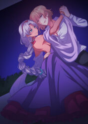  1boy 1girl absurdres blonde_hair commentary_request couple dancing dark-skinned_female dark_skin earrings eiyuu_densetsu facial_mark forehead_mark grey_hair highres holding_hands hoop_earrings jewelry mullet olivert_reise_arnor rinngo6363 scherazard_harvey sen_no_kiseki_(series) sen_no_kiseki_iv simple_background smile sora_no_kiseki 
