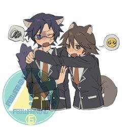  2boys animal_ears annoyed black_jacket black_pants blazer blue_eyes blue_hair blush brown_eyes brown_hair cat_boy cat_ears cat_tail chaos;child chirp_co2 commentary_request crying crying_emoji dress_shirt emoji fang glasses hekiho_academy_school_uniform hug itou_shinji_(chaos;child) jacket lapels male_focus miyashiro_takuru multiple_boys necktie notched_lapels one_eye_closed open_clothes open_jacket open_mouth pants red_necktie school_uniform science_adventure shirt short_hair spoken_emoji tail watermark white_shirt 