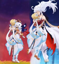  3girls absurdres asmoday_(genshin_impact) bare_shoulders black_fur blonde_hair body_markings boots closed_eyes colored_skin couple day dress floating floating_hair from_behind full_body fur_trim genshin_impact hair_between_eyes hair_floating_upwards hair_ornament halo headpiece heads_together highres hug leaning_on_person light_blush long_hair lumine_(genshin_impact) multicolored_skin multiple_girls night outdoors paimon_(genshin_impact) samkui scarf shade short_hair side_ahoge sky star_(sky) star_(symbol) star_hair_ornament starry_sky suit thigh_boots transformation two-tone_skin wavy_hair white_dress white_hair white_scarf yuri 