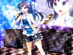  blue_eyes blue_hair bracelet clow idolmaster jewelry kisaragi_chihaya long_hair microphone open_mouth shorts sleeves_rolled_up solo speaker 