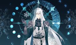  1boy absurdres aqua_veil arm_at_side armor belt black_belt blue_background braid cael_anselm cael_anselm_(god_forsaken_land) cape chinese_commentary commentary_request crescent crescent_hair_ornament crescent_moon crown gauntlets green_shirt hair_between_eyes hair_ornament hand_up highres light_particles long_hair long_sleeves looking_at_viewer lovebrush_chronicles male_focus mandarin_collar moon moon_phases parted_lips patterned_clothing pauldrons qiong_xiang_prayer see-through_clothes see-through_veil shirt shoulder_armor side_braid snowflake_background snowflake_print snowflakes solo star_(symbol) star_hair_ornament straight-on tunic two-sided_cape two-sided_fabric upper_body veil very_long_hair wallet_chain white_cape white_hair white_tunic 