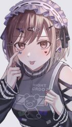  1girl 3: :p akanbe aose_(aose_pp) bag bare_shoulders black_bow black_jacket blurry blush bob_cut bow bow_hairband braid breasts brown_eyes brown_hair clothes_writing clothing_cutout colored_eyelashes commentary commentary_request cross-laced_clothes cross-laced_sleeves depth_of_field eyelid_pull facial_mark film_grain frilled_hairband frills from_above frown grey_background hair_between_eyes hair_bow hair_ornament hairband hairclip hands_up heart heart_facial_mark heart_hair_ornament highres holding holding_bag jacket long_sleeves looking_at_viewer nail_polish negai_wa_itsuka_asa_wo_koete_(project_sekai) official_alternate_costume project_sekai puffy_long_sleeves puffy_sleeves purple_bow shinonome_ena shoulder_cutout side_braid simple_background single_braid small_breasts solo swept_bangs tareme tongue tongue_out turtleneck turtleneck_jacket upper_body white_bag white_hairband white_nails wing_hair_ornament zipper zipper_pull_tab 