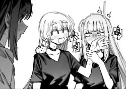  3girls ^_^ blush cho_kaguya-hime! choker closed_eyes commentary_request covering_another's_mouth fushi_(cho_kaguya-hime!) greyscale highres holding_another's_wrist kaguya_(cho_kaguya-hime!) long_hair monochrome multiple_girls open_mouth runami_yachiyo sakayori_iroha shirt short_sleeves simple_background sweatdrop upper_body white_background xiaoju_xiaojie 