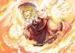  2011 absurdres angry black_dress blonde_hair crazy crazy_eyes dated dress fire hat highres open_mouth shinigamiwyvern short_hair signature solo touhou touhou_(pc-98) yuki_(touhou) 