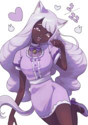  1girl :d alternate_costume animal_ears bow bowtie cat_ears cat_girl cat_tail commentary_request dark-skinned_female dark_skin dated dress fangs highres jacinthe_(pokemon) long_hair looking_at_viewer low_drills open_mouth pokemon pokemon_legends:_z-a purple_bow purple_bowtie purple_dress purple_hair purple_shoes saba_chimera shoes short_sleeves simple_background smile solo standing tail upper_body violet_eyes white_background 