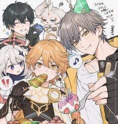  ! !! 1girl 1other 3boys aether_(genshin_impact) ahoge animal_ears animal_nose aqua_hat arm_armor artist_name black_gloves black_hair black_jacket black_shirt blonde_hair blue_eyes blue_scarf blush bracelet braid bright_pupils caelus_(honkai:_star_rail) cake cake_slice cape closed_eyes closed_mouth collarbone commentary_request company_connection creature cross-shaped_pupils crossover crystal_hair_ornament cup drooling earrings eating eyeshadow facial_mark fingerless_gloves fingernails flower flower_ornament flying food food_on_face forehead_mark fruit genshin_impact gloves gold_bracelet gold_necklace gold_trim grey_hair hair_between_eyes hair_ornament hair_tubes hand_on_own_hip hand_up hat heart heterochromia highres holding holding_cup holding_food holding_skewer holding_spoon honkai:_star_rail honkai_(series) hood hooded_jacket icing jacket jewelry lapels long_hair long_sleeves looking_at_another looking_at_viewer low-braided_long_hair low-tied_long_hair low_ponytail macaron makeup male_focus male_rover_(wuthering_waves) mihoyo mini_hat mochi multiple_boys musical_note necklace open_clothes open_jacket open_mouth orange_eyes paimon_(genshin_impact) party_hat pink_flower plaid_hat ponytail red_eyeshadow romper rover_(wuthering_waves) scarf shirt short_hair short_sleeves simple_background single_braid single_earring single_hair_tube skewer smile speech_bubble spoken_exclamation_mark spoken_musical_note spoon squiggle strawberry symbol-shaped_pupils t-shirt tail taiyaki tassel tassel_earrings tea teacup teeth third_eye tomato tomato_slice trailblazer_(honkai:_star_rail) two-sided_fabric two-sided_jacket upper_body v-shaped_eyebrows viewfinder wagashi watermark white_background white_fur white_hair white_pupils white_romper white_scarf white_shirt wuthering_waves wwyr_pg yellow_cape yellow_eyes yellow_jacket 