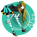  alice_in_wonderland bad_id blonde_hair bow character_name hairband kd0202 leaning long_hair necktie skirt striped striped_legwear thigh-highs thighhighs yellow_eyes 