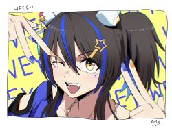  1girl amekaji_gyaru animal_ears artist_name blue_nails border brown_hair commentary daitaku_helios_(fun_fun_party_night)_(umamusume) daitaku_helios_(umamusume) ear_covers facial_tattoo fang gyaru hair_between_eyes hair_ornament highres horse_ears horse_girl looking_at_viewer multicolored_hair one_eye_closed open_mouth portrait reinren_sa solo star_(symbol) streaked_hair tattoo umamusume white_border yellow_background yellow_eyes yellow_nails 