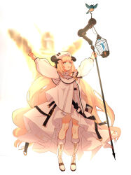  1girl :o \o/ absurdres arknights arms_up bare_shoulders bird birdcage blonde_hair blue_eyes boots cage commentary dark_souls_(series) dress english_commentary full_body hat highres hitobashira_(1746164306) holding holding_staff horns knee_boots long_hair long_sleeves nightingale_(arknights) outstretched_arms praise_the_sun solaire_of_astora staff very_long_hair white_dress white_hat 