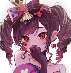  1girl akumu_no_niwa_wo_utai_akashite_(project_sekai) bare_shoulders black_gloves bow choker collar commentary_request covering_own_mouth drill_hair earrings gloves hair_bow heart heart_earrings highres jewelry kudamono39 looking_at_viewer official_alternate_costume official_alternate_hair_length official_alternate_hairstyle project_sekai red_eyes shinonome_ena solo strapless twin_drills twintails upper_body white_background 